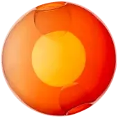 Bocci 28 pendant light, orange glass, features three concentric translucent orbs with a gradient from deep orange to yellow, hand-blown texture.